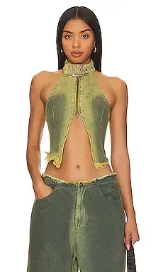 Jaded London Green Denim Buckle Neck Top