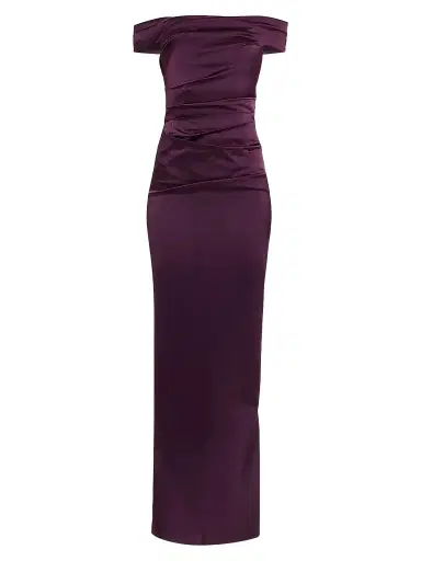 Teri Jon by Rickie Freeman Women's Ruched Satin Off-the-Shoulder Gown | Thumbnail 1 Teri Jon by Rickie Freeman Women's Ruched Satin Off-the-Shoulder Gown | Thumbnail 1