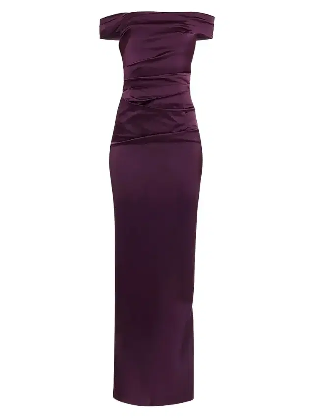 Teri Jon by Rickie Freeman Women's Ruched Satin Off-the-Shoulder Gown - Plum
