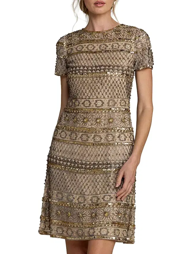 Mac Duggal Women's Embellished Short-Sleeve Minidress - Beige Gold
