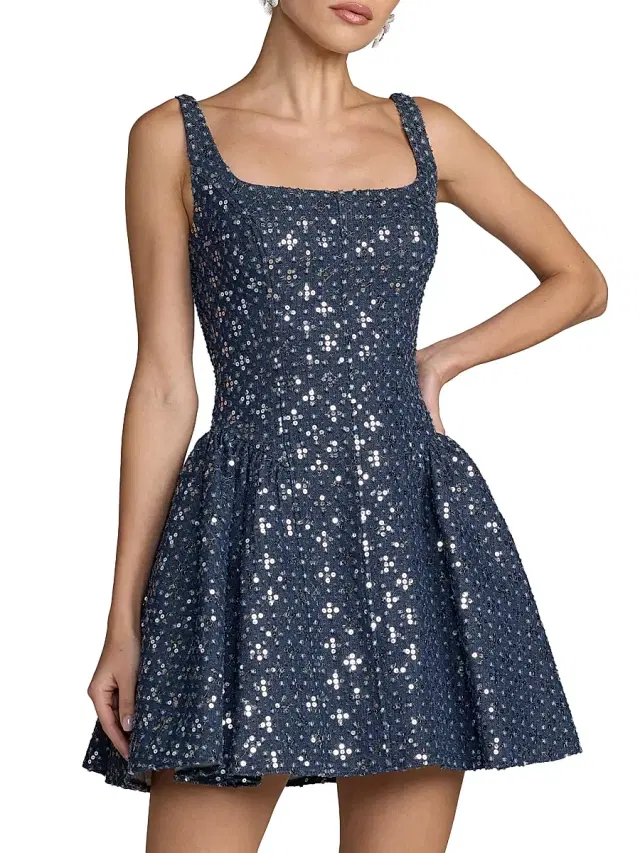 Mac Duggal Women's Sequin Denim Fit & Flare Mini Dress - Blue