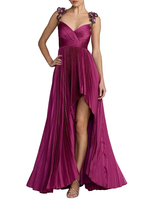 Mac Duggal Women's Flower-Strap Pleated Charmeuse High-Low Gown - Magenta
