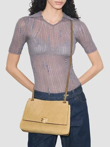 Tory Burch Women's Charlie Large Quilted Suede Shoulder Bag - Stone | Thumbnail 2
