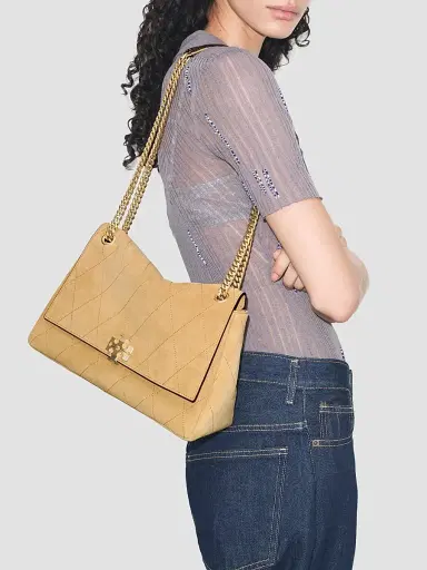 Tory Burch Women's Charlie Large Quilted Suede Shoulder Bag - Stone | Thumbnail 3