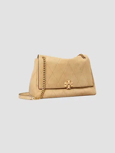 Tory Burch Women's Charlie Large Quilted Suede Shoulder Bag - Stone | Thumbnail 4