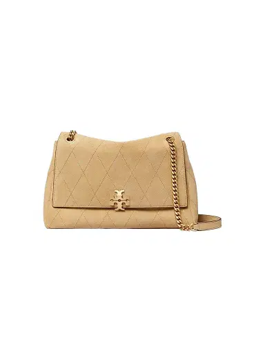 Tory Burch Women's Charlie Large Quilted Suede Shoulder Bag - Stone | Thumbnail 1