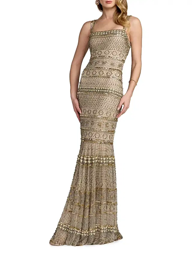 Mac Duggal Women's Geometric Beaded Mesh Trumpet Gown - Beige Gold