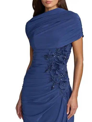 Mac Duggal Women's Beaded Draped Jersey Column Gown - Sapphire - Size 10 | Thumbnail 3