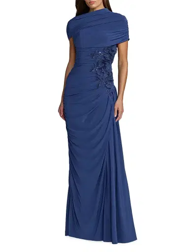 Mac Duggal Women's Beaded Draped Jersey Column Gown - Sapphire - Size 10 | Thumbnail 1