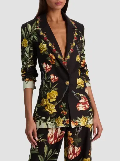 Alice + Olivia Women's Denny Floral Linen-Blend Boyfriend Blazer - Desert Sprigs Black - Size 14 | Thumbnail 2