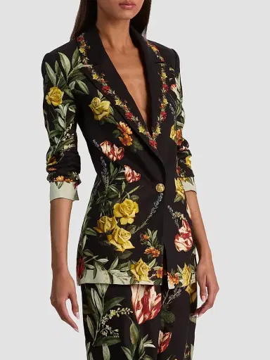 Alice + Olivia Women's Denny Floral Linen-Blend Boyfriend Blazer - Desert Sprigs Black - Size 14 | Thumbnail 4