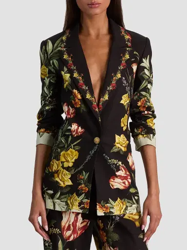 Alice + Olivia Women's Denny Floral Linen-Blend Boyfriend Blazer - Desert Sprigs Black - Size 14 | Thumbnail 5