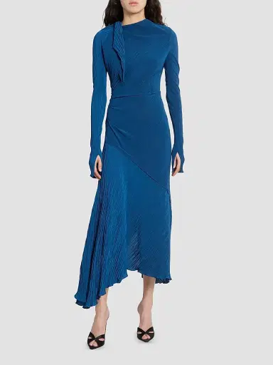 Victoria Beckham Women's Plissé Drape Midi Dress - Dark Ocean | Thumbnail 2 Victoria Beckham Women's Plissé Drape Midi Dress - Dark Ocean | Thumbnail 2