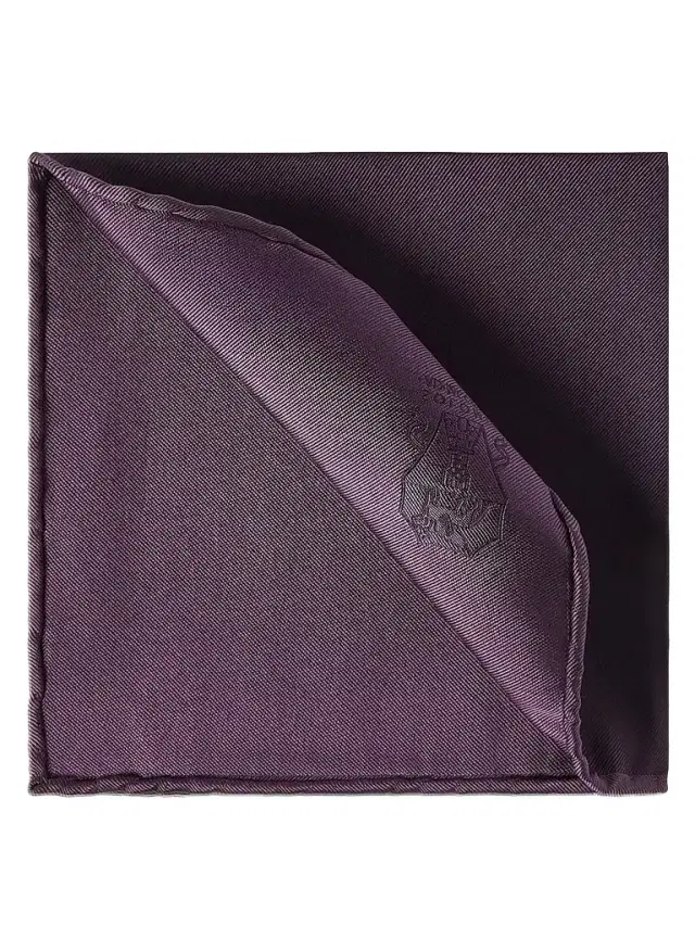 Brunello Cucinelli Men's Silk Pocket Square with Printed Logo - Purple