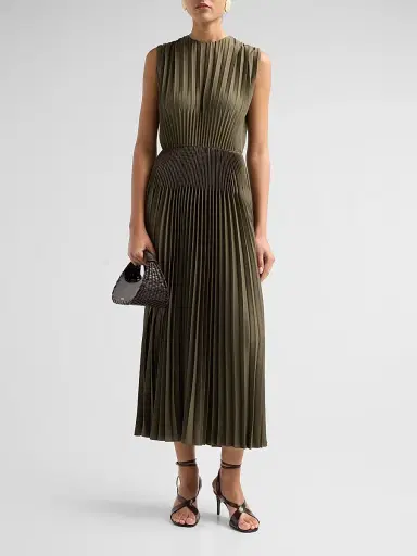 Vince Women's Chevron Pleated Midi Dress - Sea Vine - Size XXS | Thumbnail 2