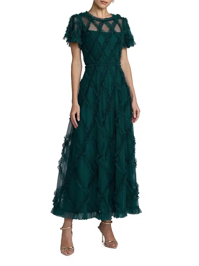 Mac Duggal Women's Ruffled Diamond-Quilted Mesh Gown - Teal