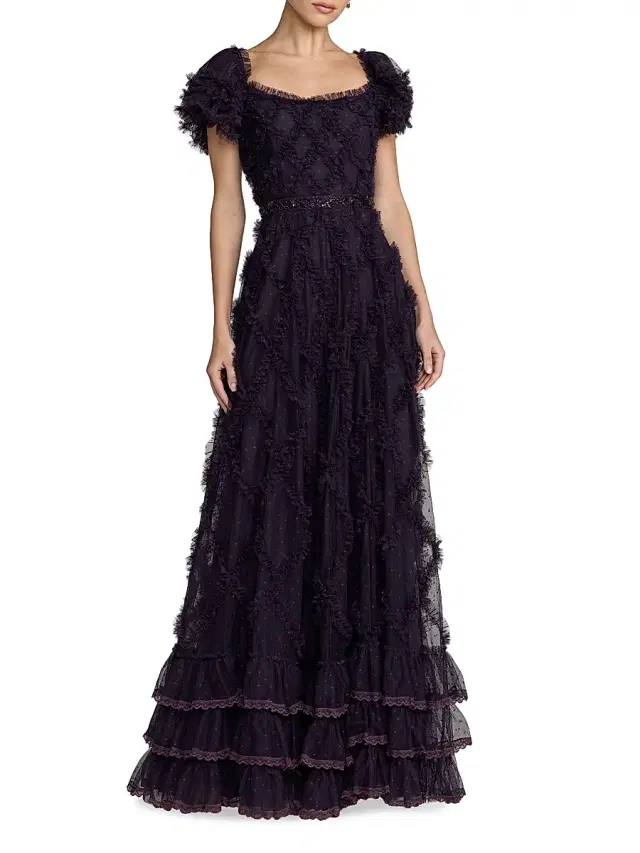 Mac Duggal Women's Ruffled Mesh Short-Sleeve Gown - Midnight