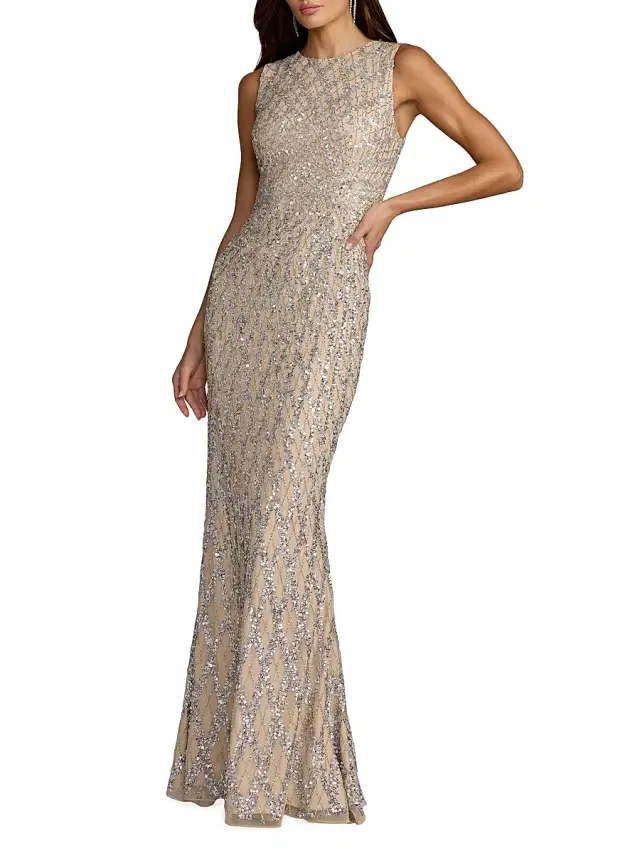 Mac Duggal Women's Embellished Grid Column Gown - Beige Ombre