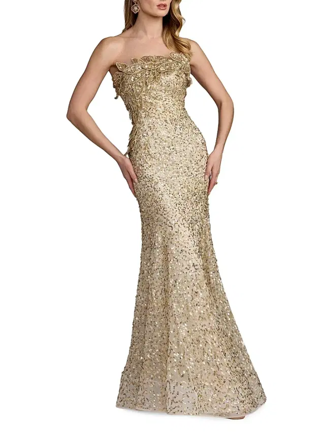 Mac Duggal Women's Srapless Beaded Mesh Trumpet Gown - Gold