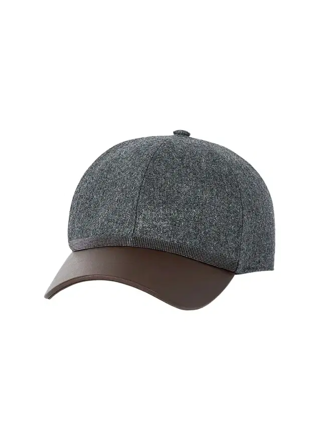 Brunello Cucinelli Women's Virgin Wool Flannel and Nappa Leather Baseball Cap with Shiny Band - Dark Grey