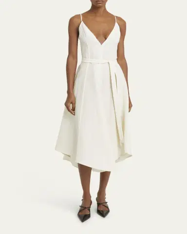 Proenza Schouler Elaine Plunging Belted Linen-Blend Midi Dress | Thumbnail 2