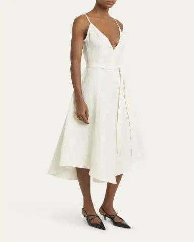 Proenza Schouler Elaine Plunging Belted Linen-Blend Midi Dress | Thumbnail 4