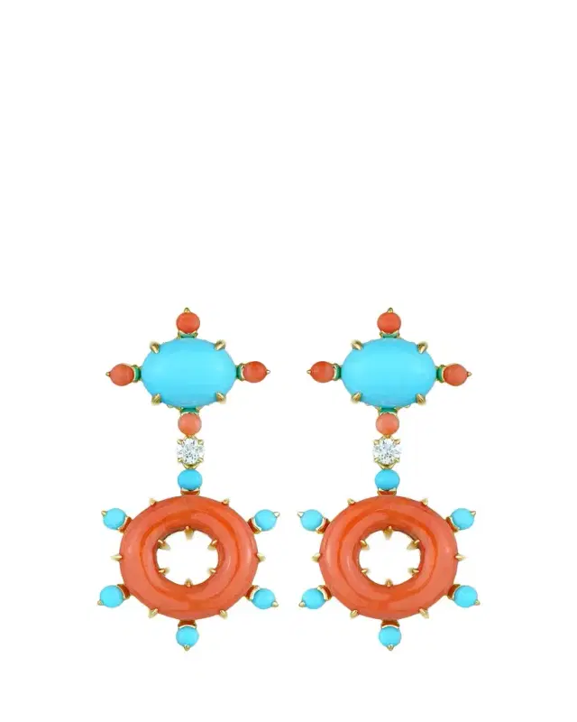 Paul Morelli 18K Yellow Gold Diamond, Turquoise and Coral Earrings