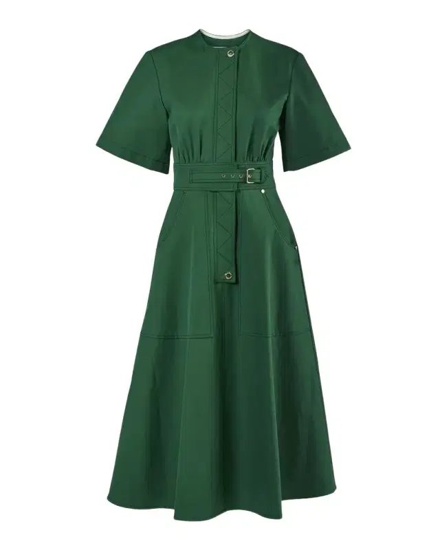 Carolina Herrera Short-Sleeve Belted Cotton A-Line Midi Dress