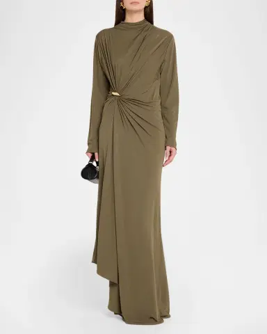 Bottega Veneta Long-Sleeve Draped Matte Crepe Maxi Dress | Thumbnail 2
