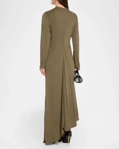 Bottega Veneta Long-Sleeve Draped Matte Crepe Maxi Dress | Thumbnail 3
