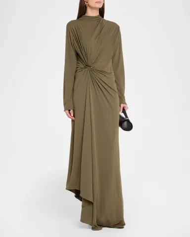 Bottega Veneta Long-Sleeve Draped Matte Crepe Maxi Dress | Thumbnail 4