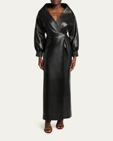 Balenciaga Sculpted Leather Long-Sleeve Maxi Wrap Dress | Thumbnail 2 Balenciaga Sculpted Leather Long-Sleeve Maxi Wrap Dress | Thumbnail 2