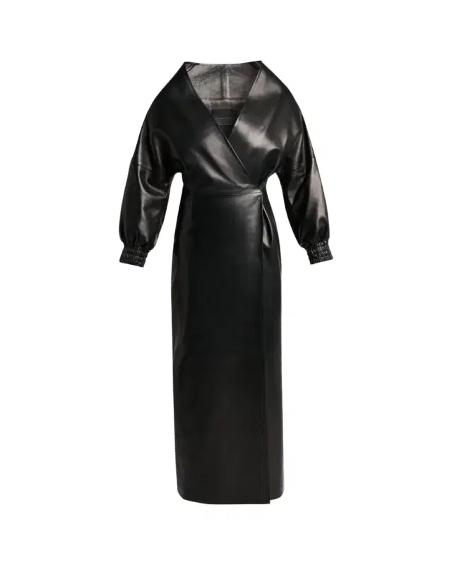 Balenciaga Sculpted Leather Long-Sleeve Maxi Wrap Dress