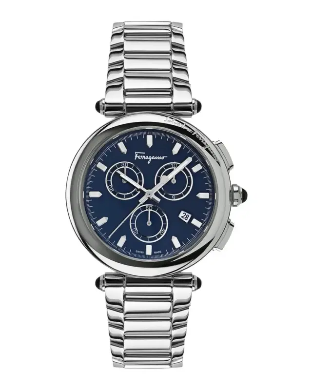 Ferragamo Men 's 42mm Idillio Watch with Bracelet Strap, Silver/Blue