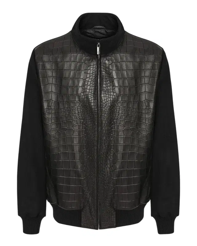 Gorski Men 's Croco-Print Nappa Leather & Loro Piana Wool Bomber Jacket