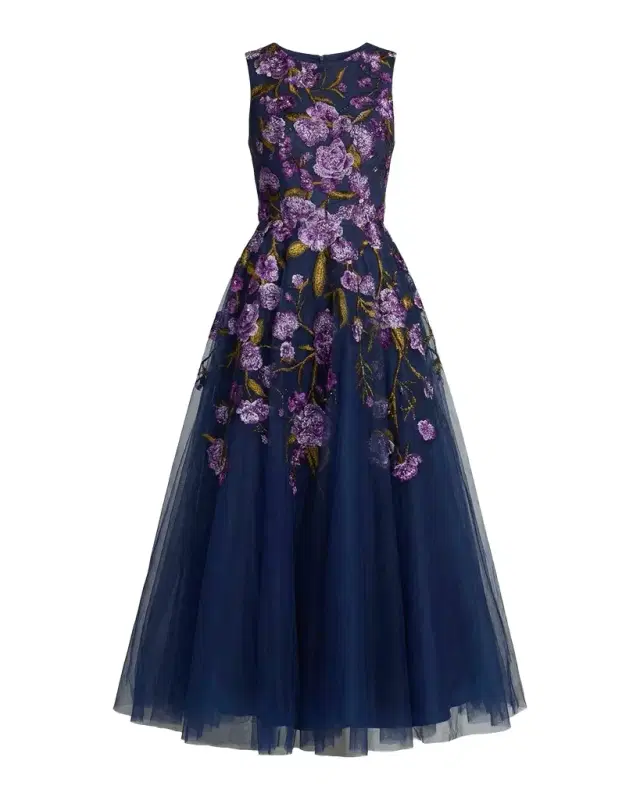 Mac Duggal Floral-Embroidered Tulle Tea-Length Cocktail Dress