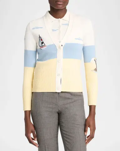 Thom Browne Colorblocked Embroidered Intarsia-Knit Cotton Cardigan | Thumbnail 4