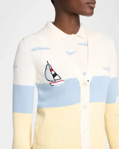 Thom Browne Colorblocked Embroidered Intarsia-Knit Cotton Cardigan | Thumbnail 5