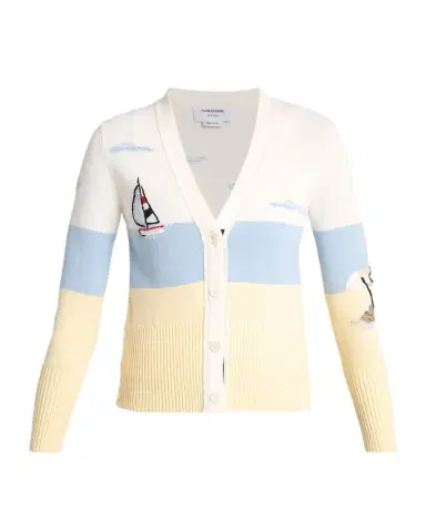 Thom Browne Colorblocked Embroidered Intarsia-Knit Cotton Cardigan | Thumbnail 1