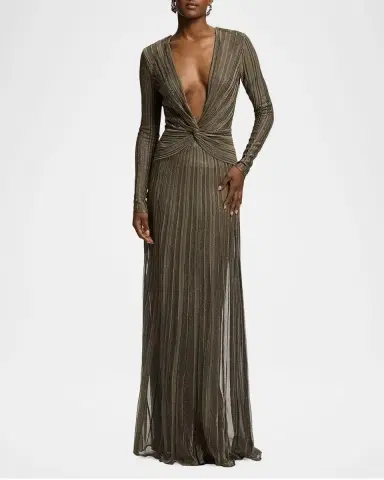 Ralph Lauren Collection Plunging Twisted Metallic Pleated Knit Maxi Dress | Thumbnail 2