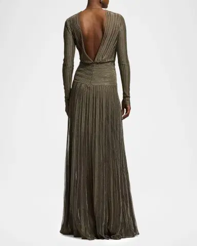 Ralph Lauren Collection Plunging Twisted Metallic Pleated Knit Maxi Dress | Thumbnail 3