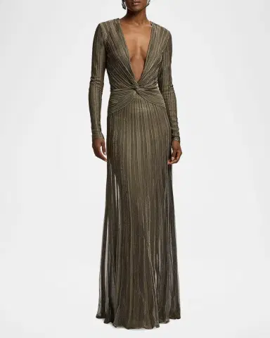 Ralph Lauren Collection Plunging Twisted Metallic Pleated Knit Maxi Dress | Thumbnail 4