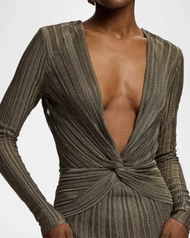Ralph Lauren Collection Plunging Twisted Metallic Pleated Knit Maxi Dress | Thumbnail 5