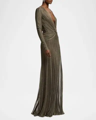 Ralph Lauren Collection Plunging Twisted Metallic Pleated Knit Maxi Dress | Thumbnail 6