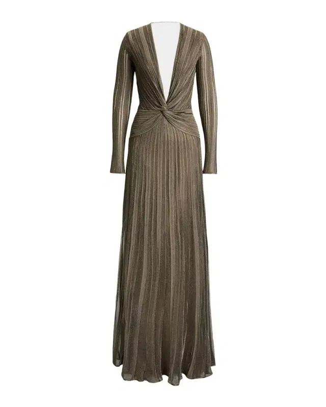 Plunging Twisted Metallic Pleated Knit Maxi Dress