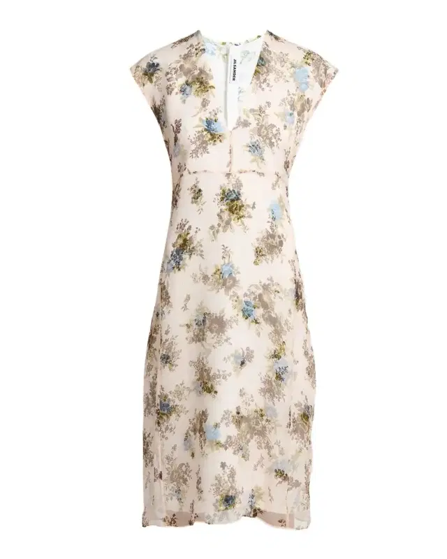 Jil Sander Floral Silk Crepe A-Line Midi Dress