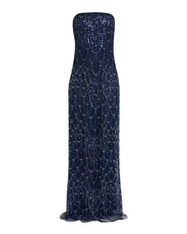 Reem Acra Strapless Crystal Embellished Evening Gown
