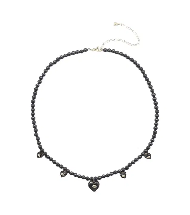 Sydney Evan Carved Heart 14kt gold beaded necklace with diamonds and onyx