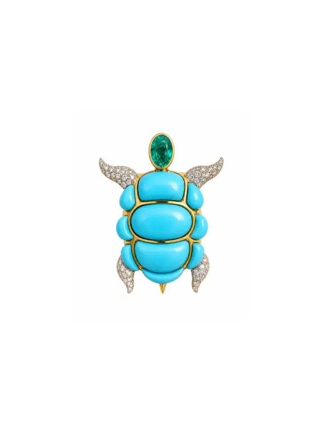 Wish Fine Jewelry 7.41ct Turquoise Emerald Diamond 18K Gold Turtle Pendant