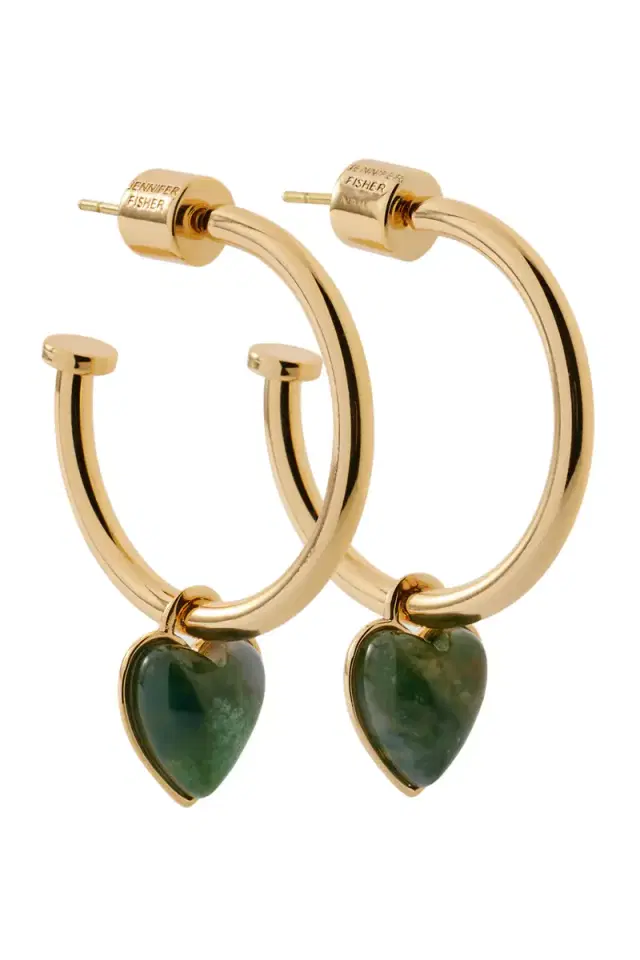 Jennifer Fisher Green Agate Heart Charm Huggie Earrings